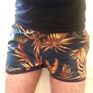 H&M: palm print swim shorts, blue and gold, S